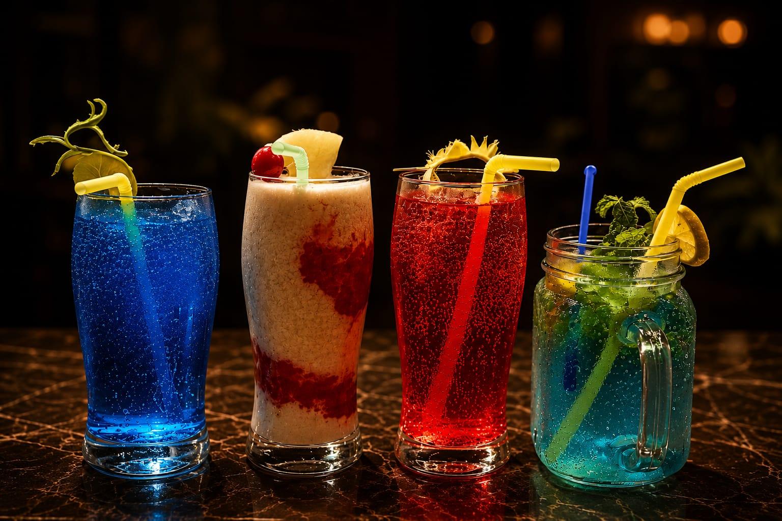 A signature cocktail under warm light at a dark wood bar.