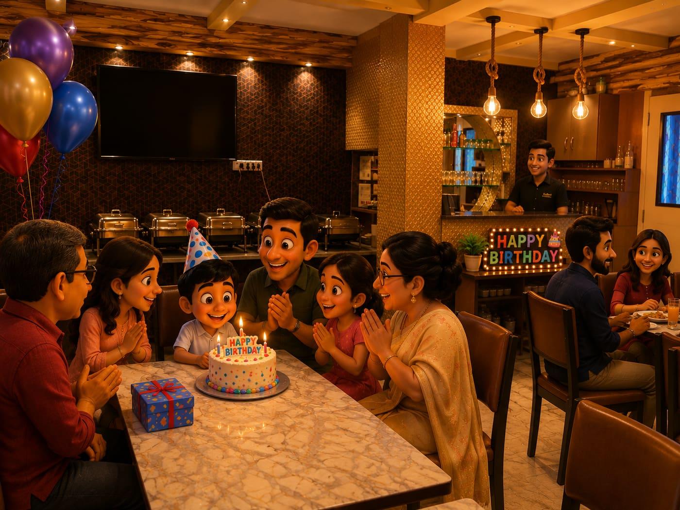 A birthday celebration with a cake and warm lighting at The Quince.