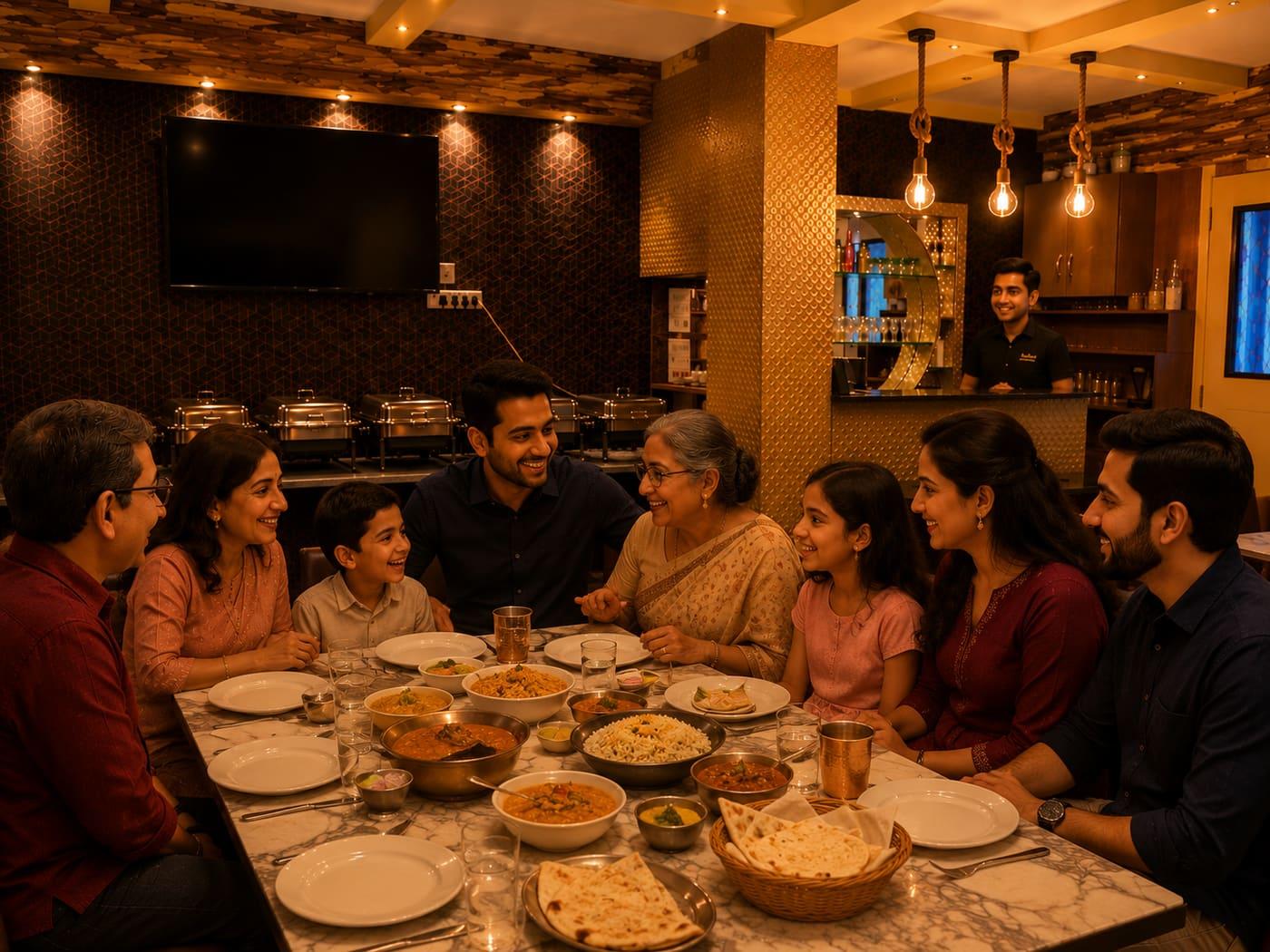 A joyful family gathering around a bountiful dinner table.